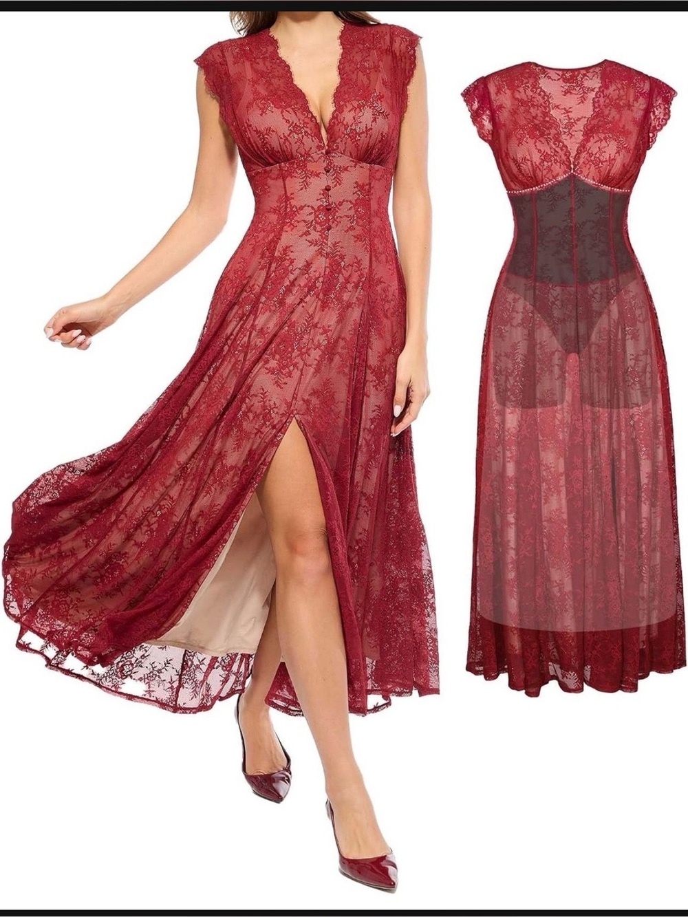Sheer Lace Maxi Nightgown with Cap Sleeves - Burgundy